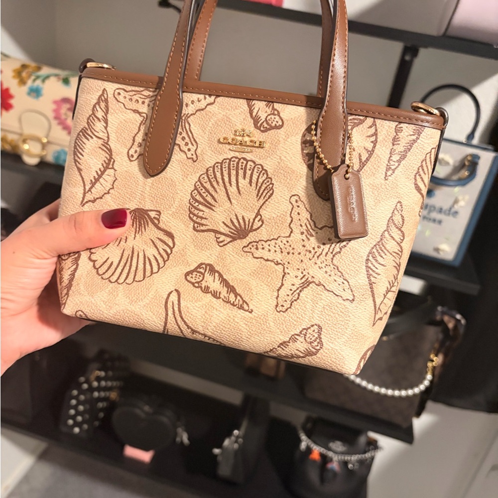 Coach Beige and Brown Seashell Print Mini Tote Bag